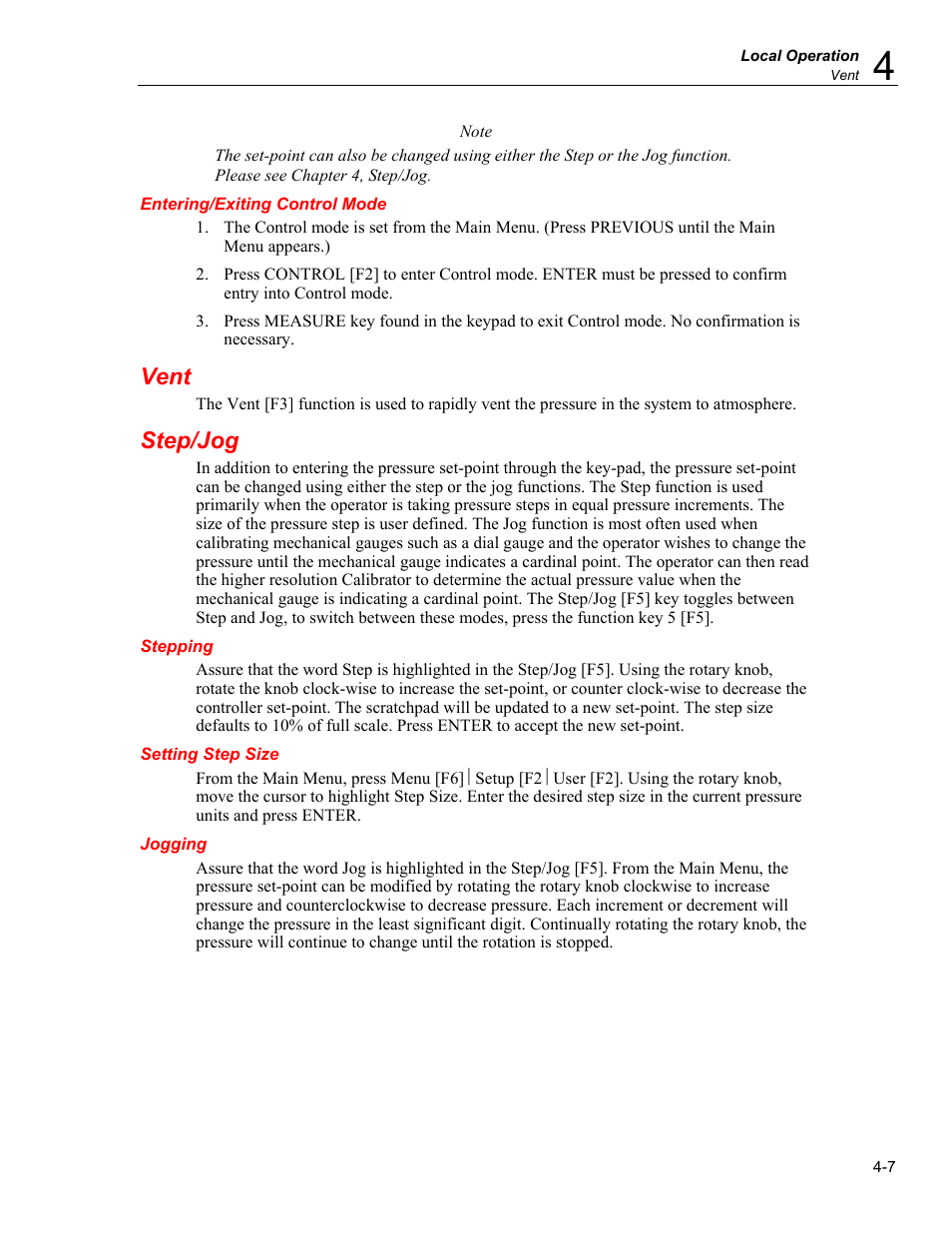 Entering/exiting control mode, Vent, Step/jog | Stepping, Setting step size, Jogging | Fluke RUSKA 7350 User Manual | Page 31 / 78