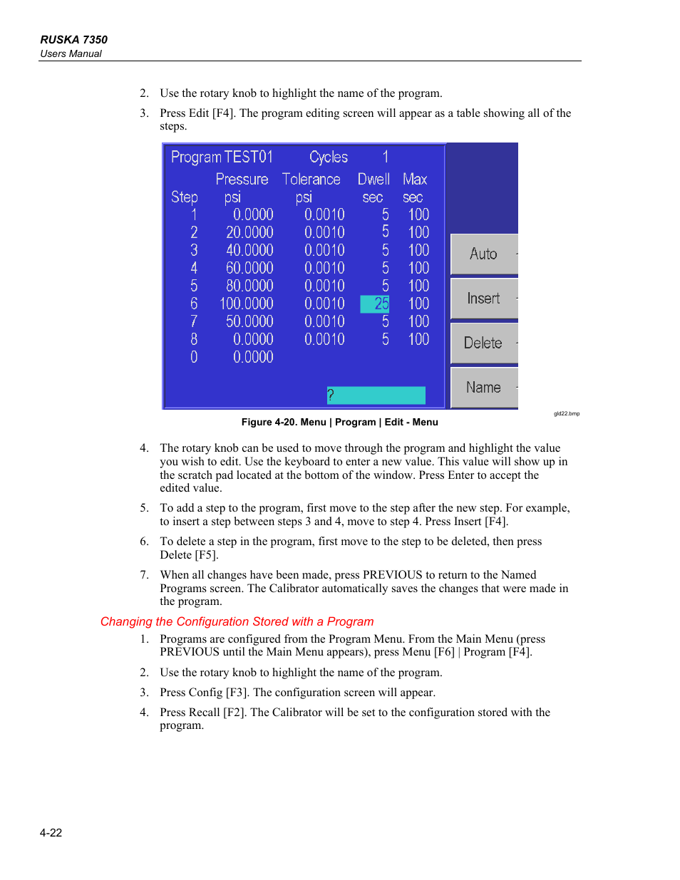 Changing the configuration stored with a program | Fluke RUSKA 7350 User Manual | Page 46 / 78