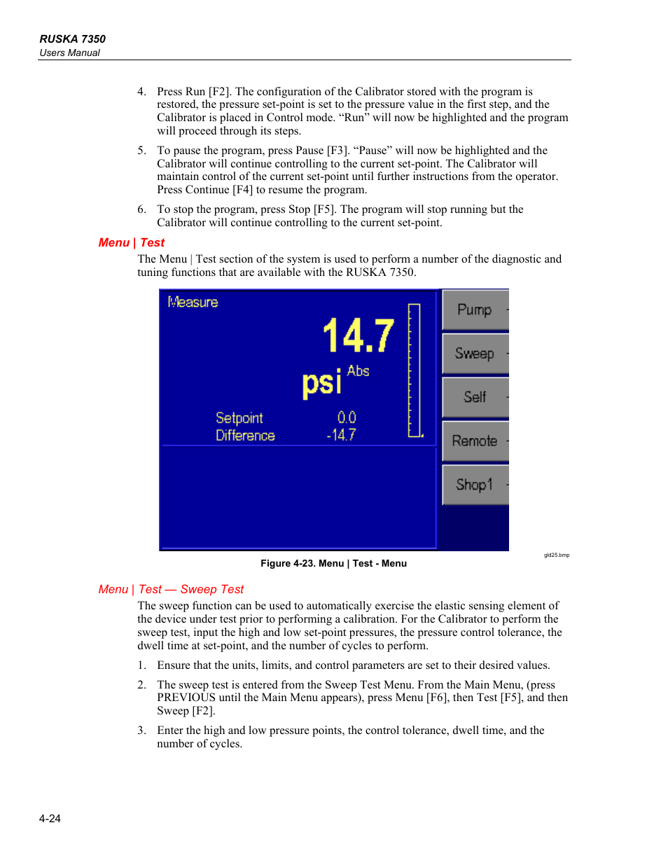 Menu | test, Menu | test — sweep test | Fluke RUSKA 7350 User Manual | Page 48 / 78
