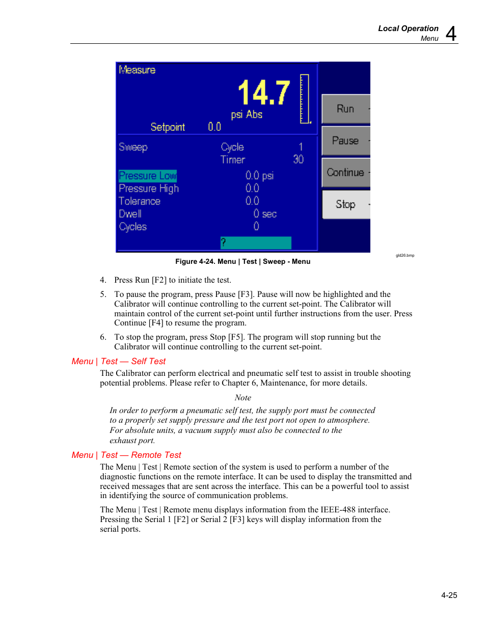 Menu | test — self test, Menu | test — remote test | Fluke RUSKA 7350 User Manual | Page 49 / 78