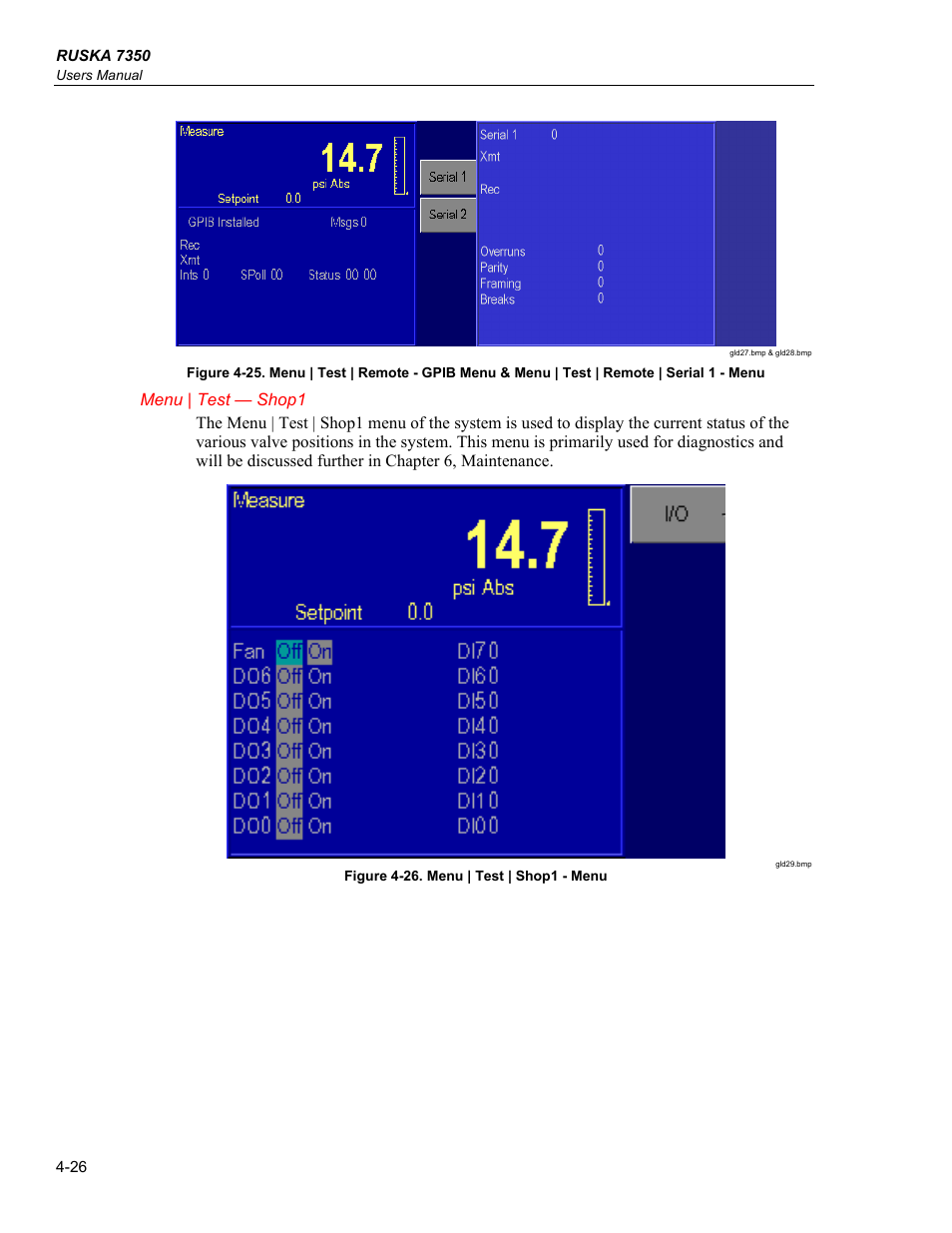 Menu | test — shop1 | Fluke RUSKA 7350 User Manual | Page 50 / 78