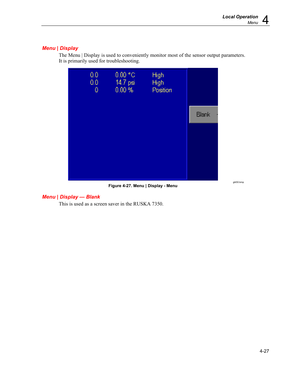 Menu | display, Menu | display — blank | Fluke RUSKA 7350 User Manual | Page 51 / 78
