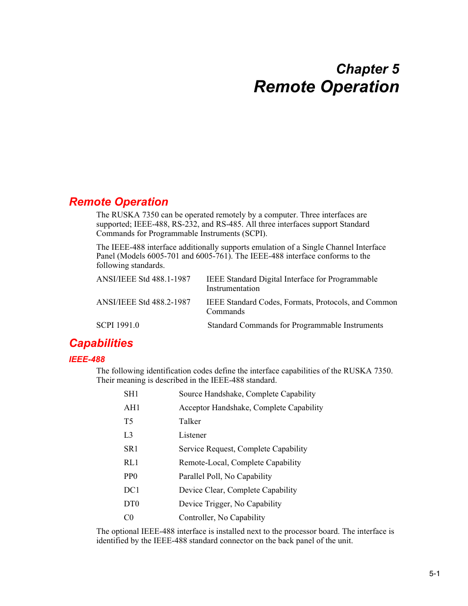 Remote operation, Capabilities, Ieee488 | Chapter 5 | Fluke RUSKA 7350 User Manual | Page 53 / 78