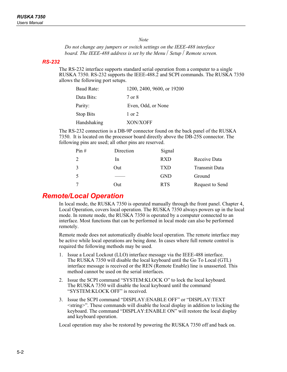 Rs-232, Remote/local operation | Fluke RUSKA 7350 User Manual | Page 54 / 78