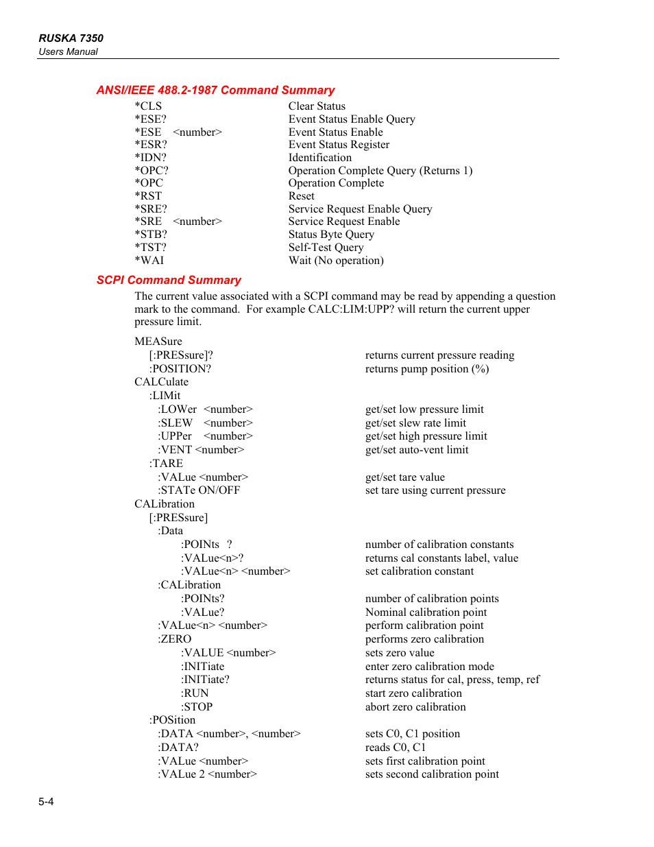 Ansi/ieee 488.2-1987 command summary, Scpi command summary | Fluke RUSKA 7350 User Manual | Page 56 / 78