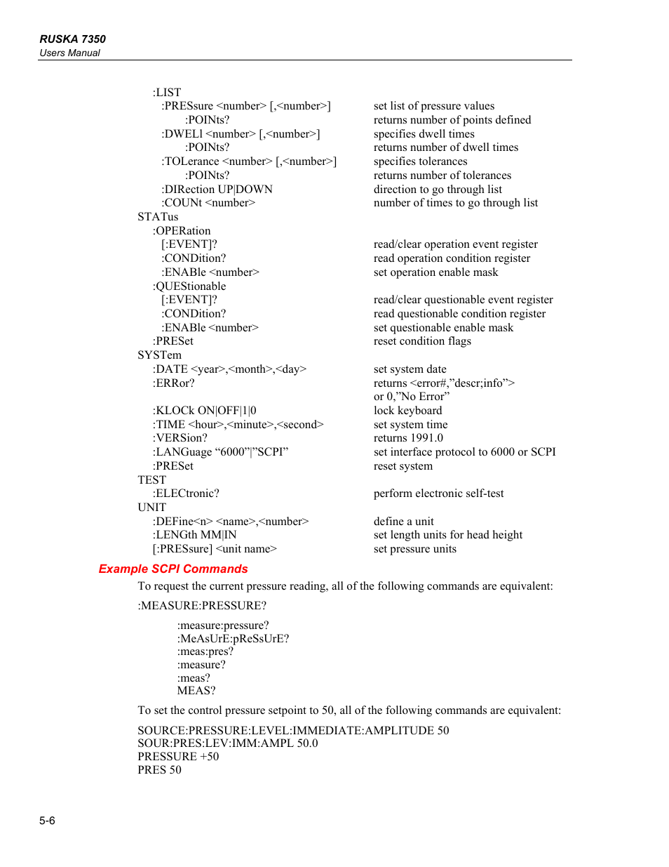 Example scpi commands | Fluke RUSKA 7350 User Manual | Page 58 / 78