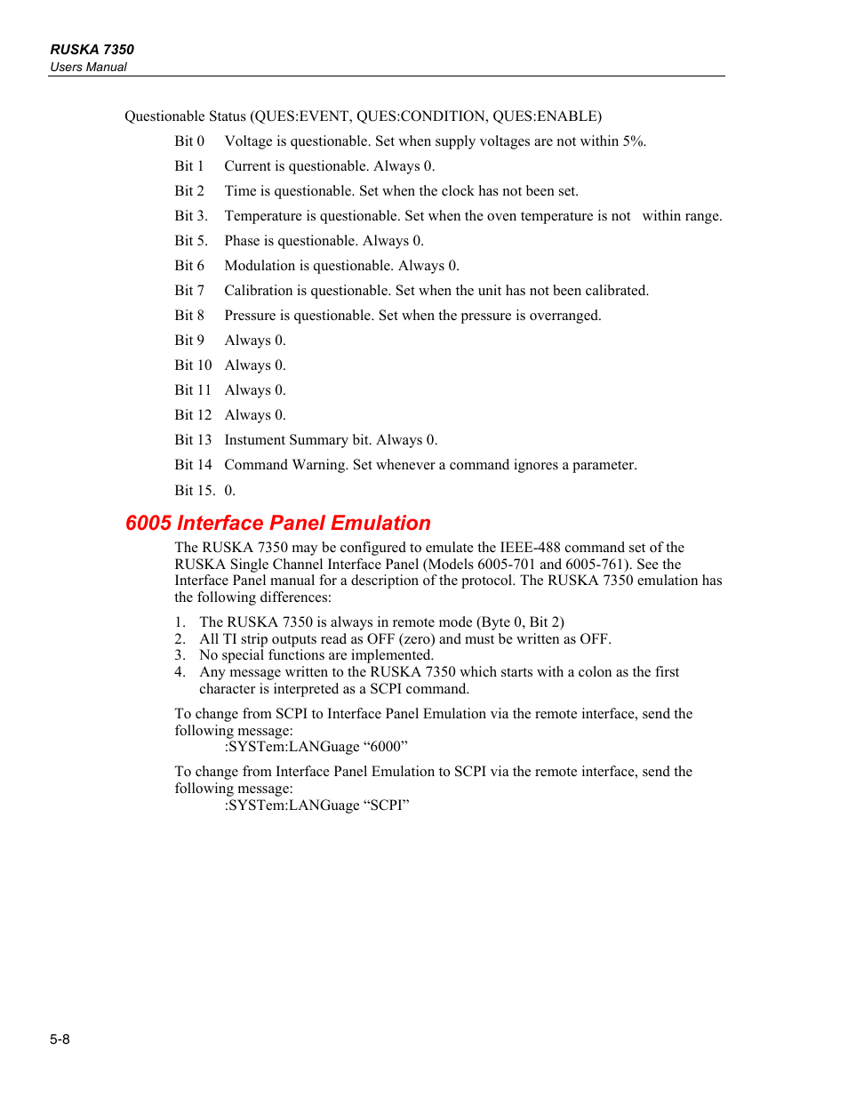 6005 interface panel emulation | Fluke RUSKA 7350 User Manual | Page 60 / 78