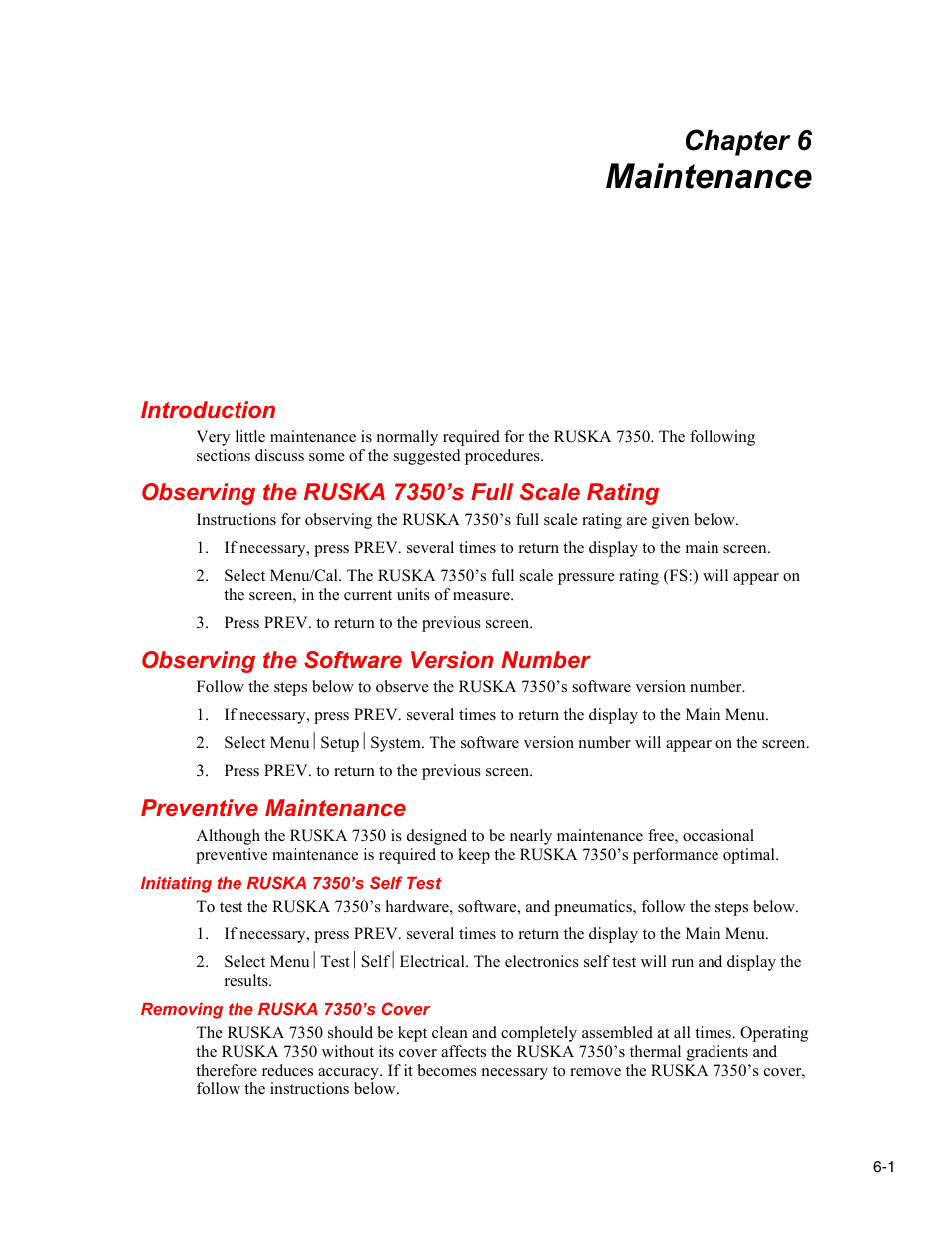 Maintenance, Introduction, Observing the ruska 7350’s full scale rating | Observing the software version number, Preventive maintenance, Initiating the ruska 7350’s self test, Removing the ruska 7350’s cover, Chapter 6 | Fluke RUSKA 7350 User Manual | Page 63 / 78