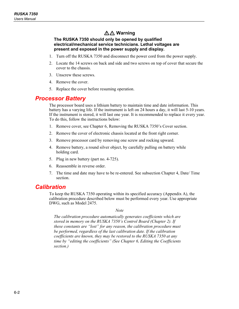 Processor battery, Calibration | Fluke RUSKA 7350 User Manual | Page 64 / 78