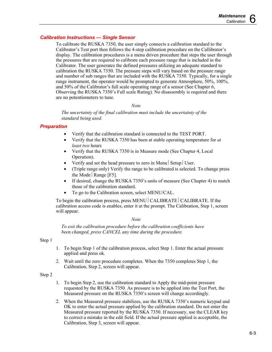 Calibration instructions — single sensor, Preparation | Fluke RUSKA 7350 User Manual | Page 65 / 78