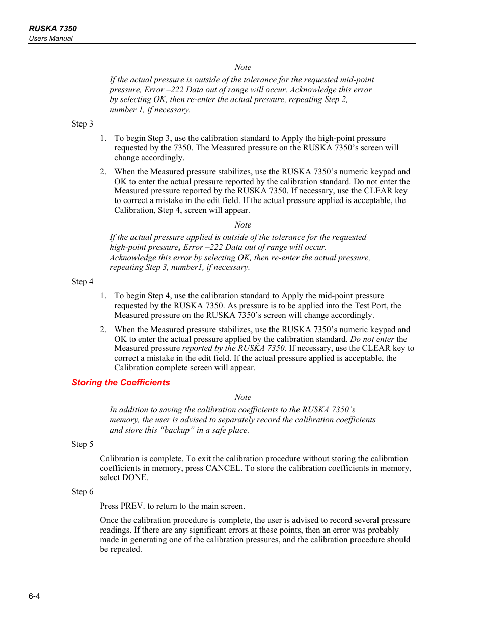 Storing the coefficients | Fluke RUSKA 7350 User Manual | Page 66 / 78