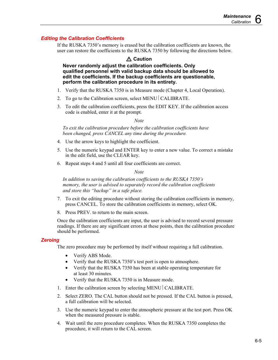 Editing the calibration coefficients, Zeroing | Fluke RUSKA 7350 User Manual | Page 67 / 78