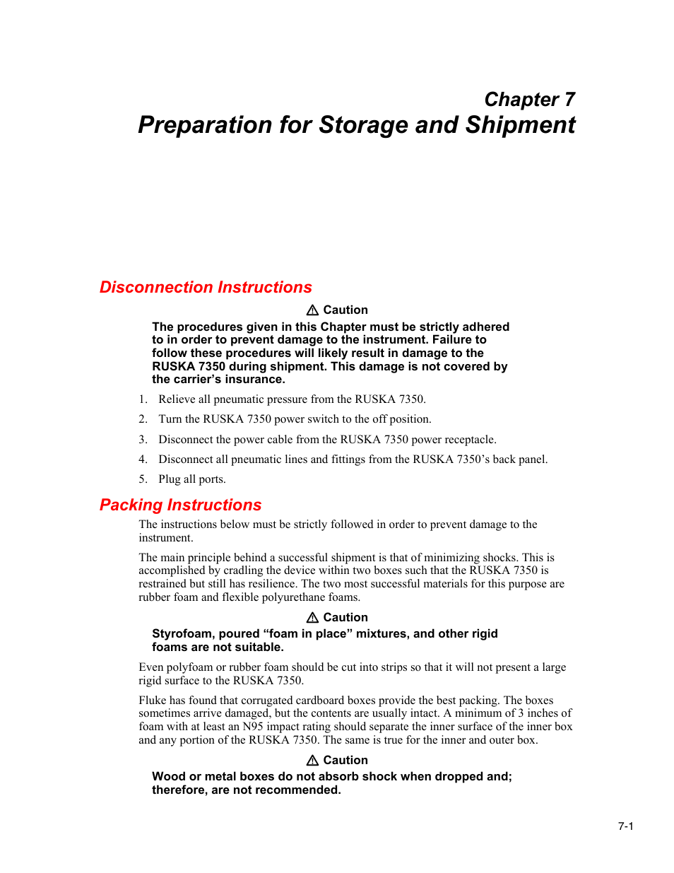 Preparation for storage and shipment, Disconnection instructions, Packing instructions | Chapter 7 | Fluke RUSKA 7350 User Manual | Page 69 / 78