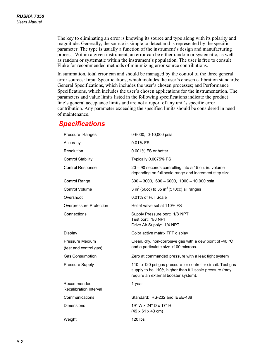 Specifications | Fluke RUSKA 7350 User Manual | Page 74 / 78