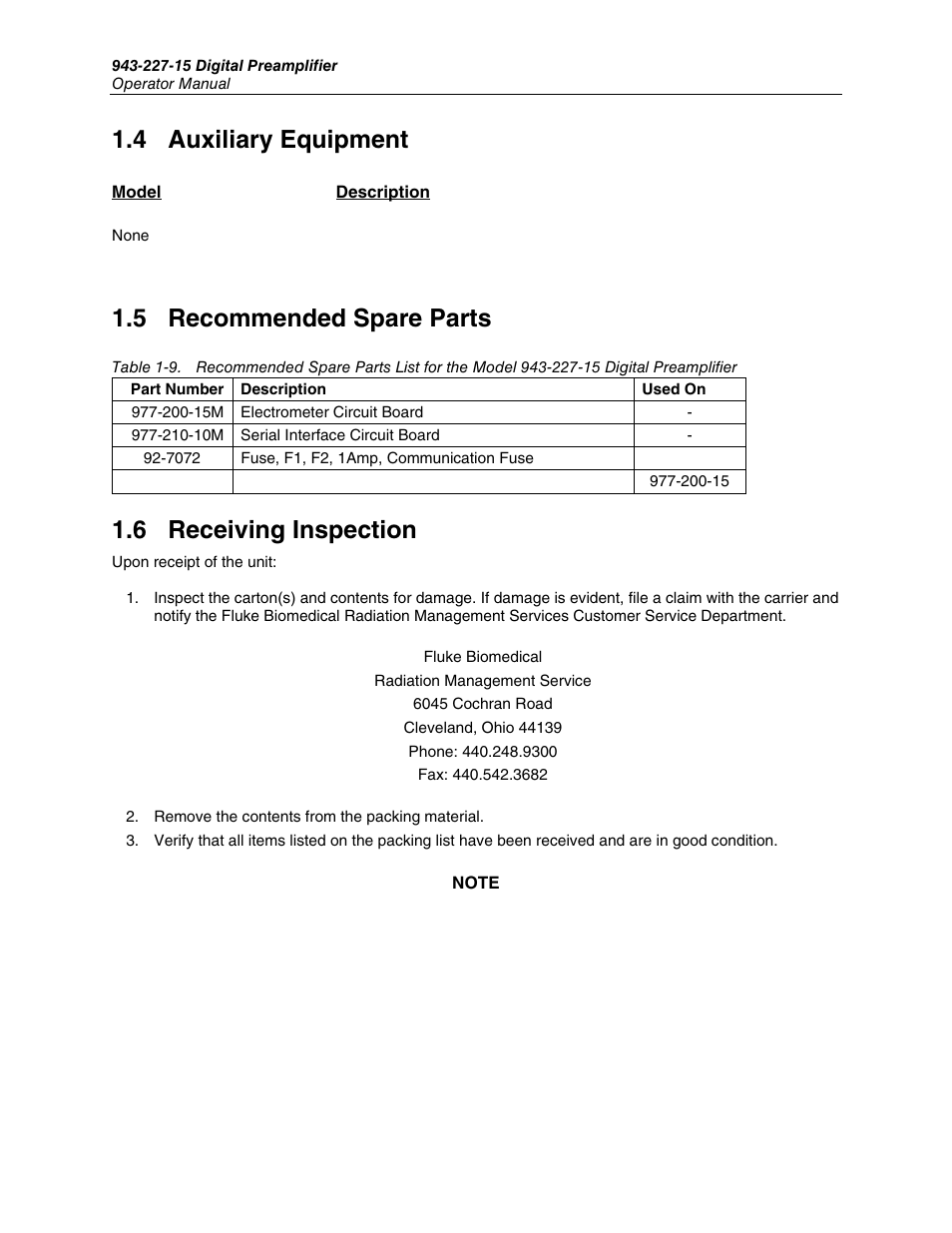Part number, 200-15m, 210-10m | 4 auxiliary equipment, 5 recommended spare parts, 6 receiving inspection | Fluke 943-227-15 User Manual | Page 10 / 45