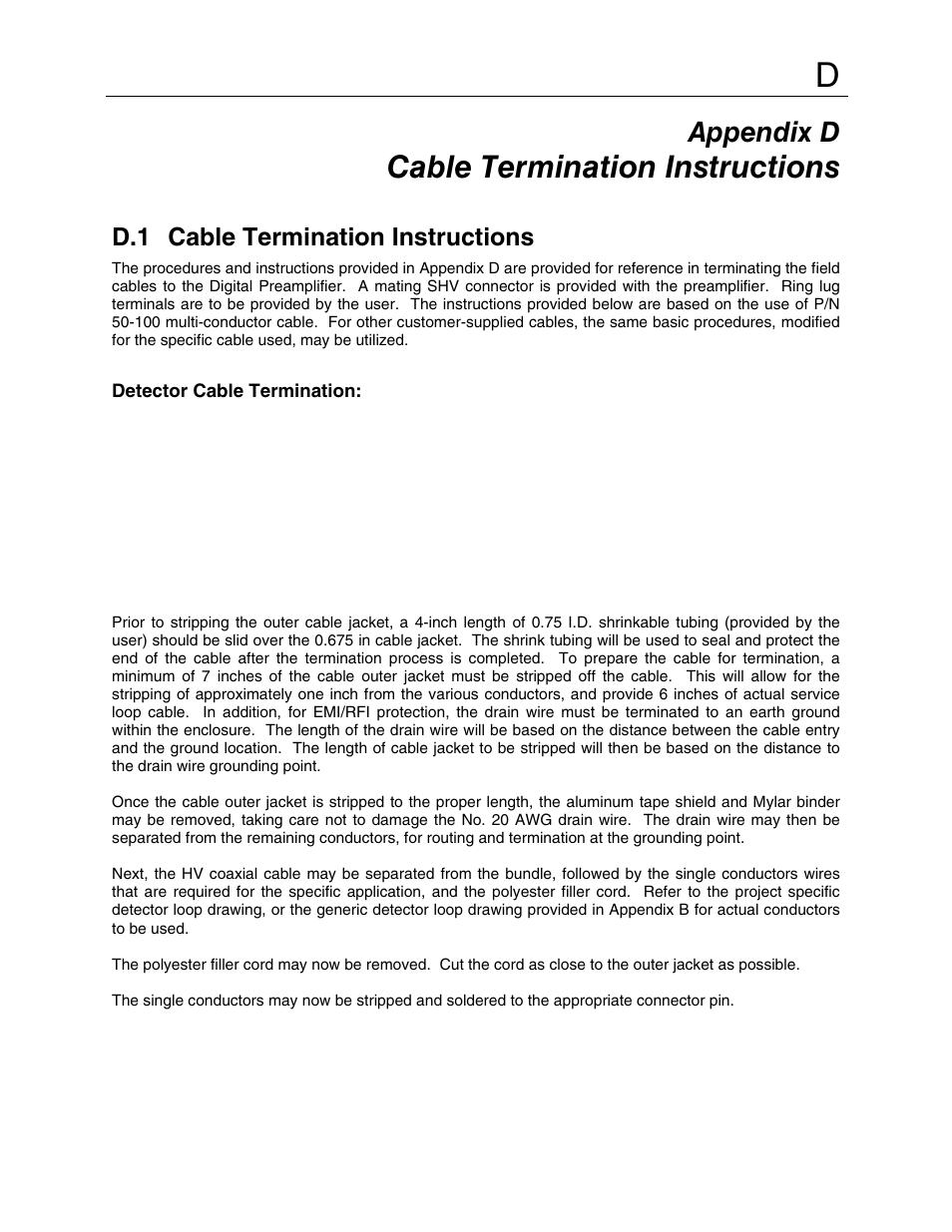 Cable termination instructions, Appendix d, D.1 cable termination instructions | Fluke 943-227-15 User Manual | Page 34 / 45