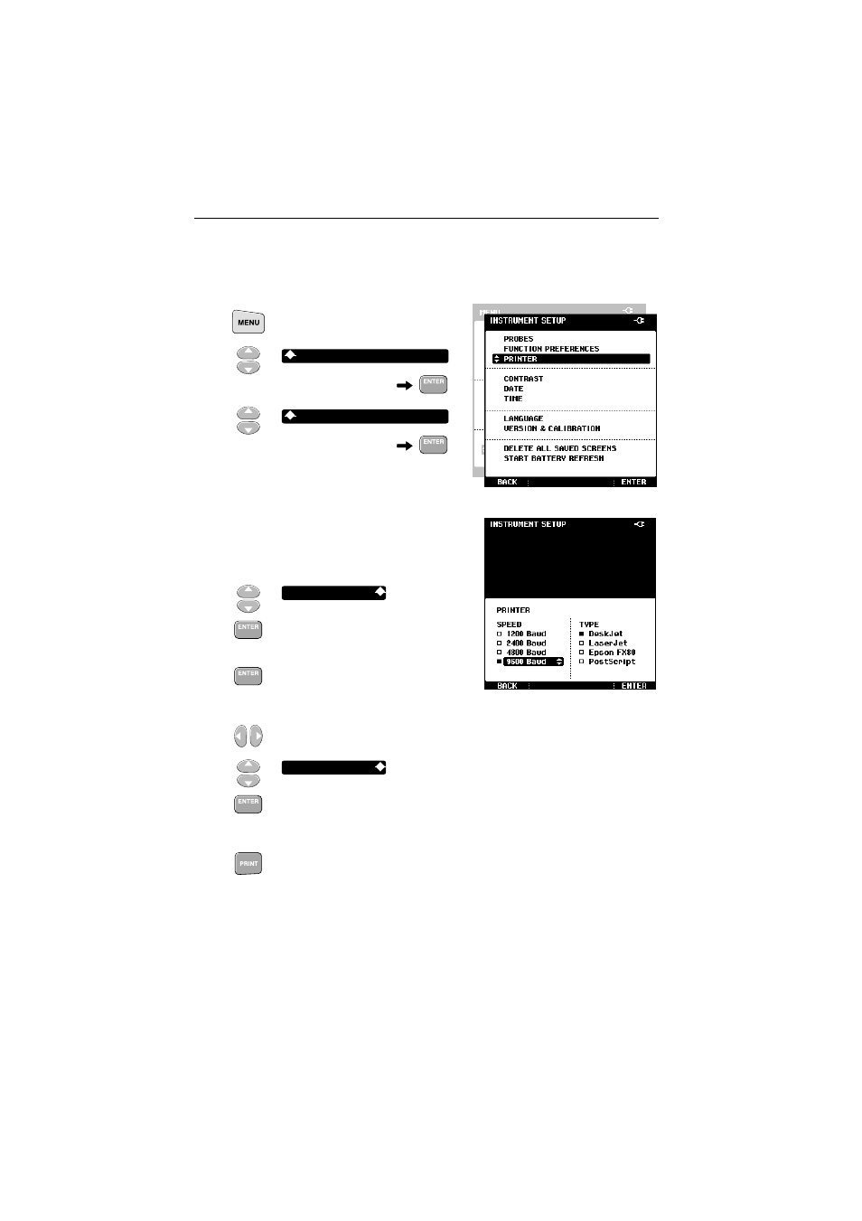 Selecting a printer type | Fluke 43B User Manual | Page 28 / 53