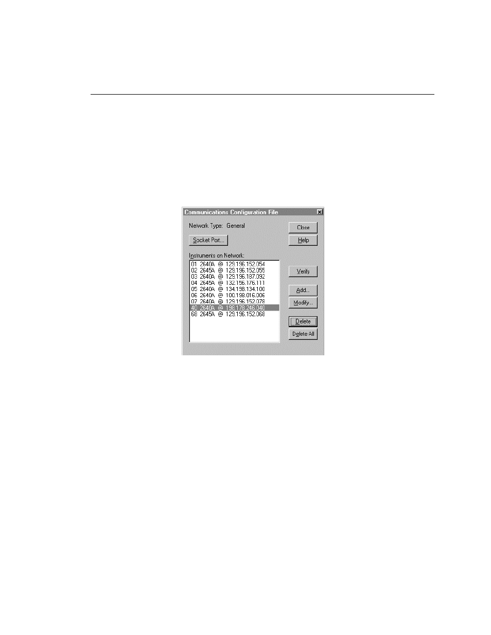 The communications configuration dialog box, Adding an instrument to the network | Fluke NetDAQ 2645A User Manual | Page 99 / 353