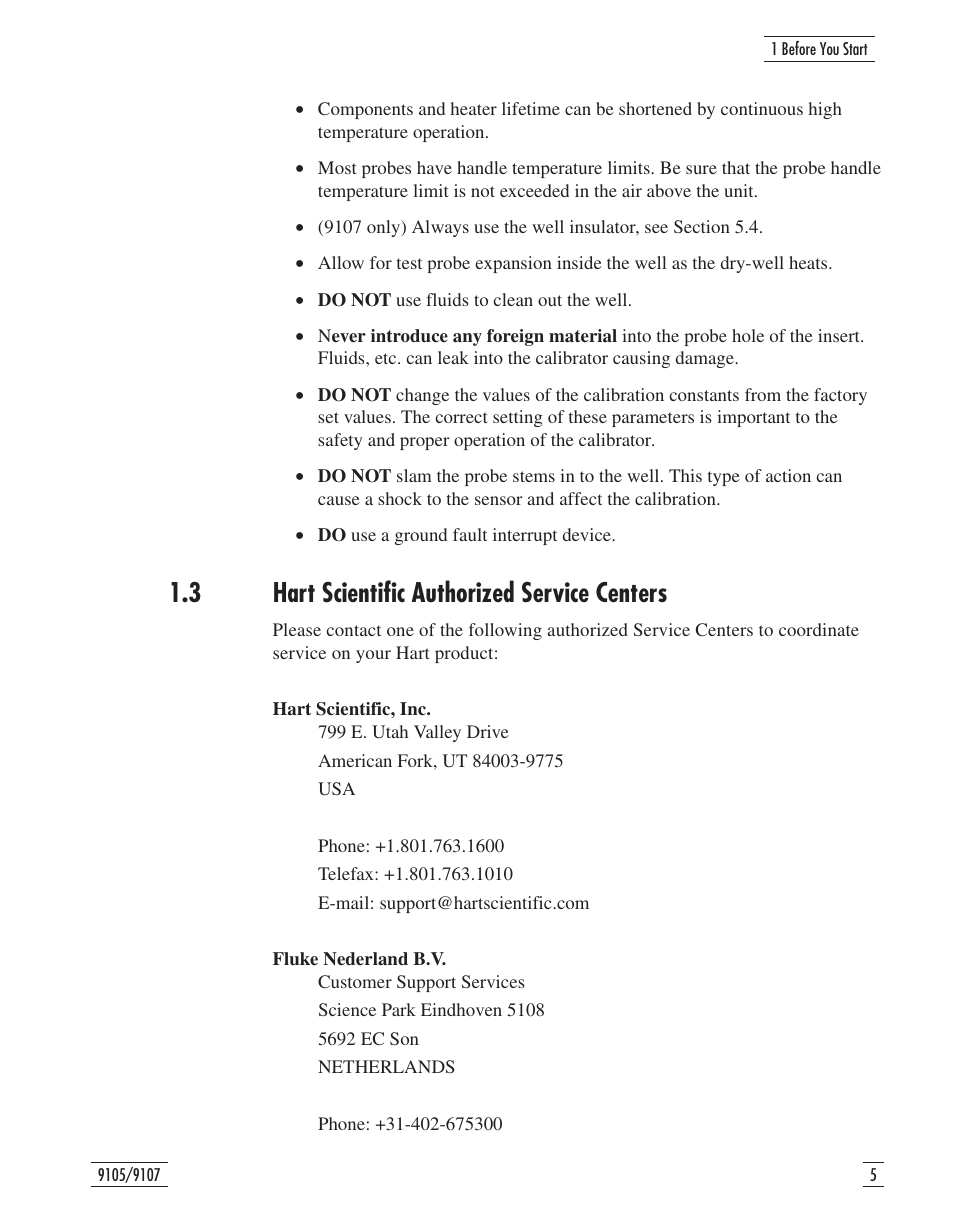 3 hart scientific authorized service centers 5, Hart scientific authorized service centers, 3 hart scientific authorized service centers | Fluke 9107 User Manual | Page 12 / 65