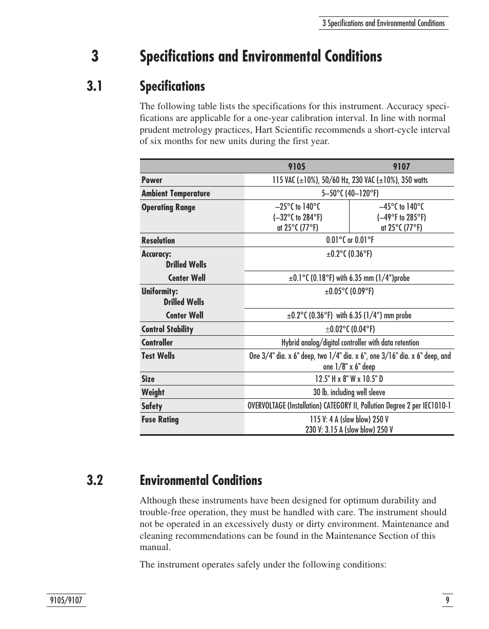 3 specifications and environmental conditions 9, 1 specifications 9, 2 environmental conditions 9 | 3 specifications and environmental conditions, Specifications, Environmental conditions, 3specifications and environmental conditions, 1 specifications, 2 environmental conditions | Fluke 9107 User Manual | Page 15 / 65