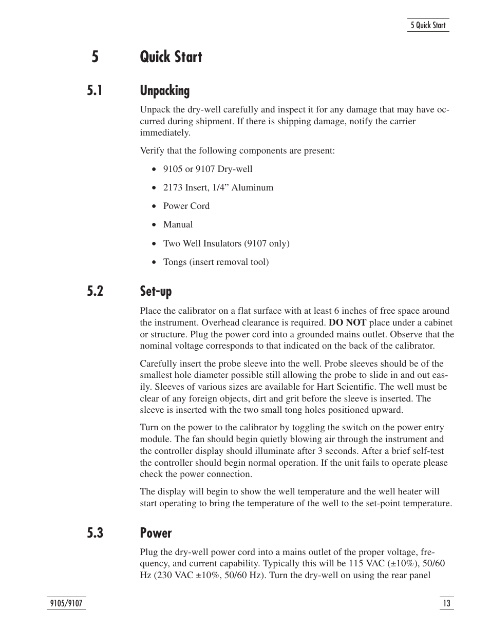 5 quick start 13, 1 unpacking 13, 2 set-up 13 | 3 power 13, 5 quick start, Unpacking, Set-up, Power, 5quick start, 1 unpacking | Fluke 9107 User Manual | Page 19 / 65