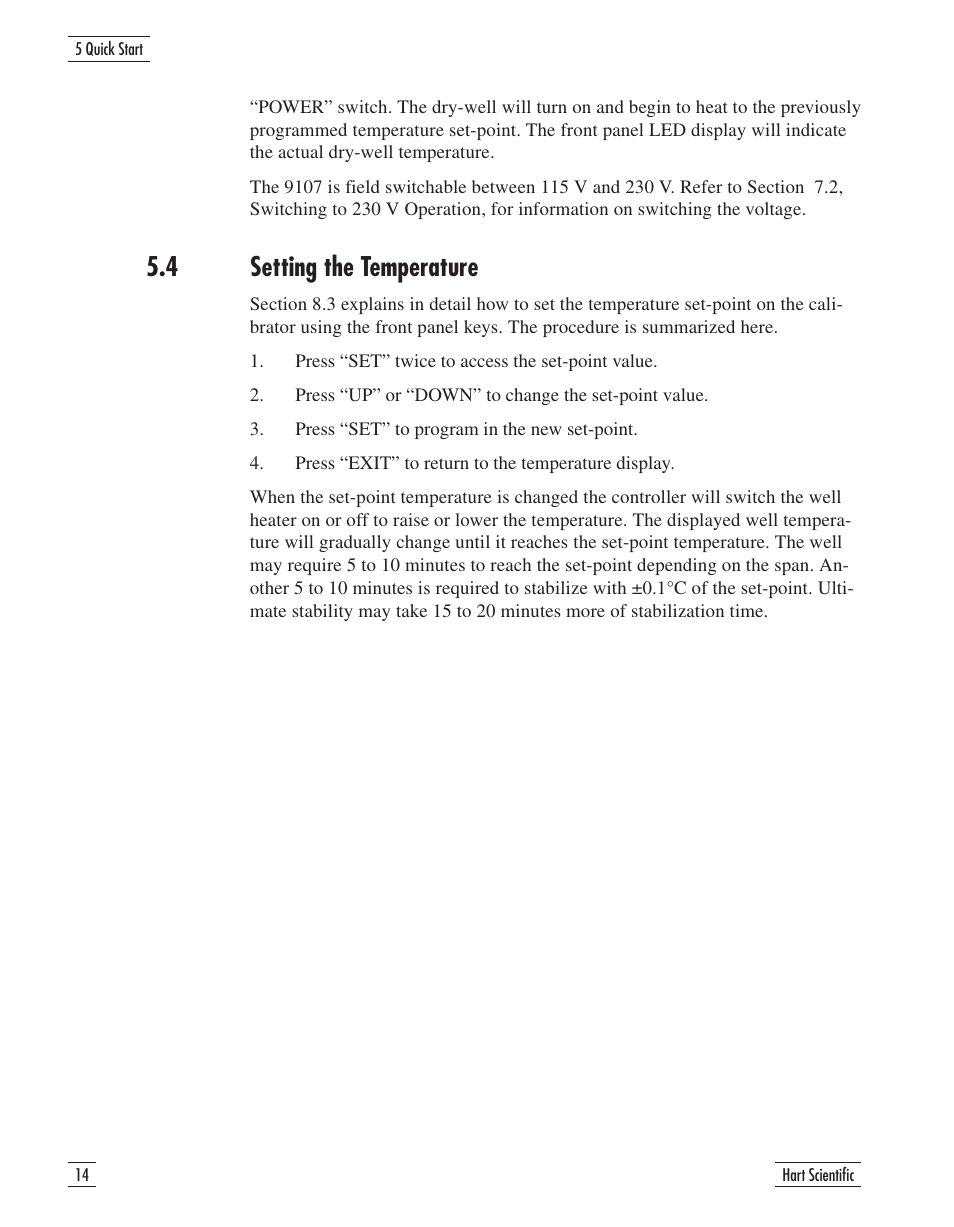 4 setting the temperature 14, Setting the temperature, 4 setting the temperature | Fluke 9107 User Manual | Page 20 / 65