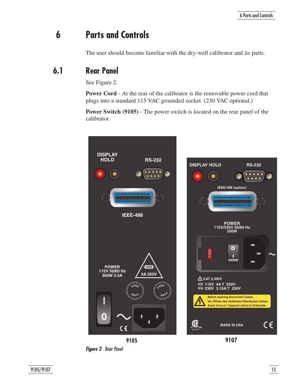 6 parts and controls 15, 1 rear panel 15, Figure 2 rear panel 15 | 6 parts and controls, Rear panel, Figure 2, 6parts and controls, 1 rear panel | Fluke 9107 User Manual | Page 21 / 65