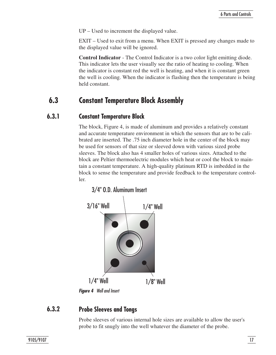 3 constant temperature block assembly 17, 1 constant temperature block 17, 2 probe sleeves and tongs 17 | Figure 4 well and insert 17, Constant temperature block assembly, Figure 4, Well and insert, 3 constant temperature block assembly | Fluke 9107 User Manual | Page 23 / 65