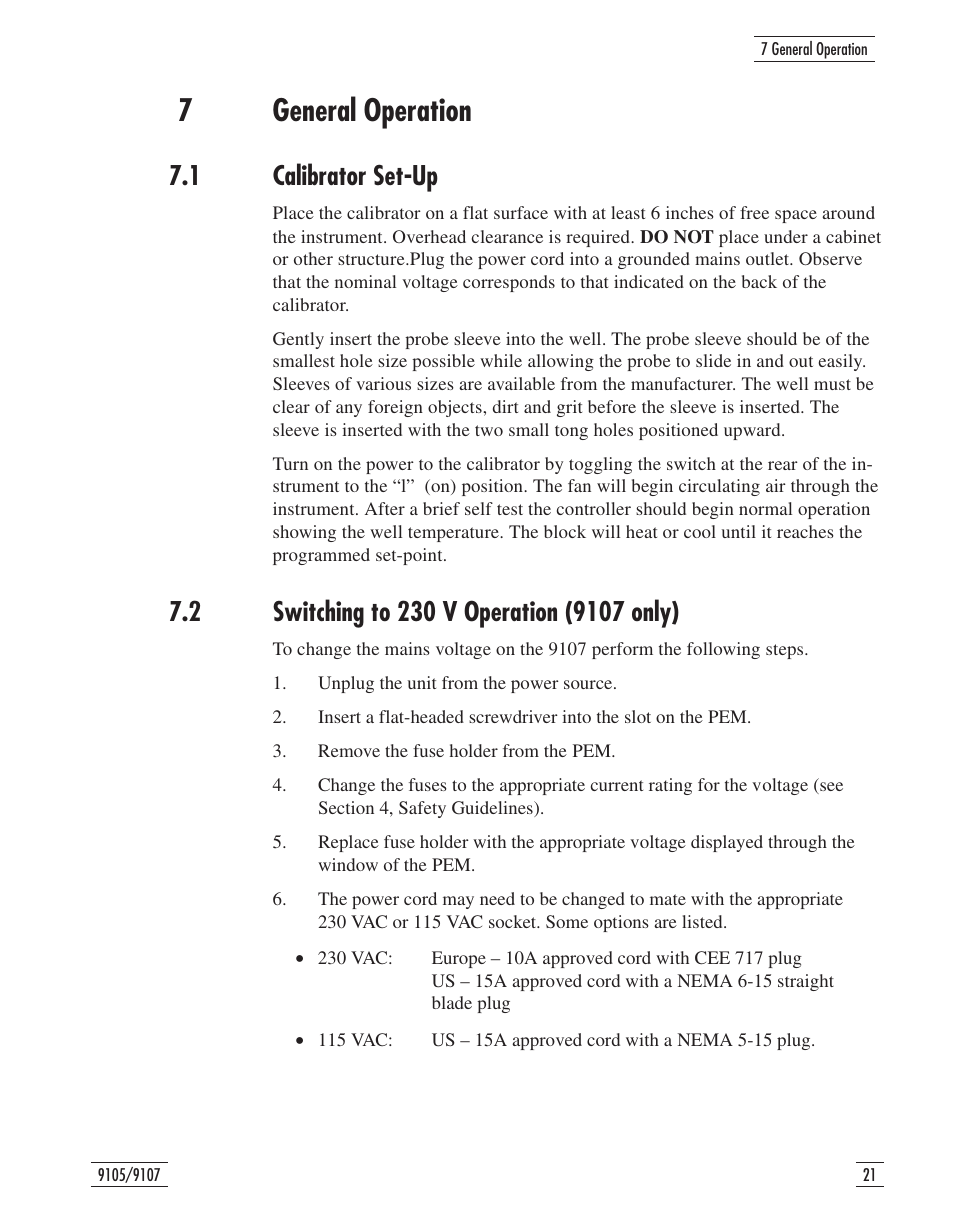 7 general operation 21, 1 calibrator set-up 21, 2 switching to 230 v operation (9107 only) 21 | 7 general operation, Calibrator set-up, Switching to 230 v operation (9107 only), 7general operation, 1 calibrator set-up | Fluke 9107 User Manual | Page 26 / 65