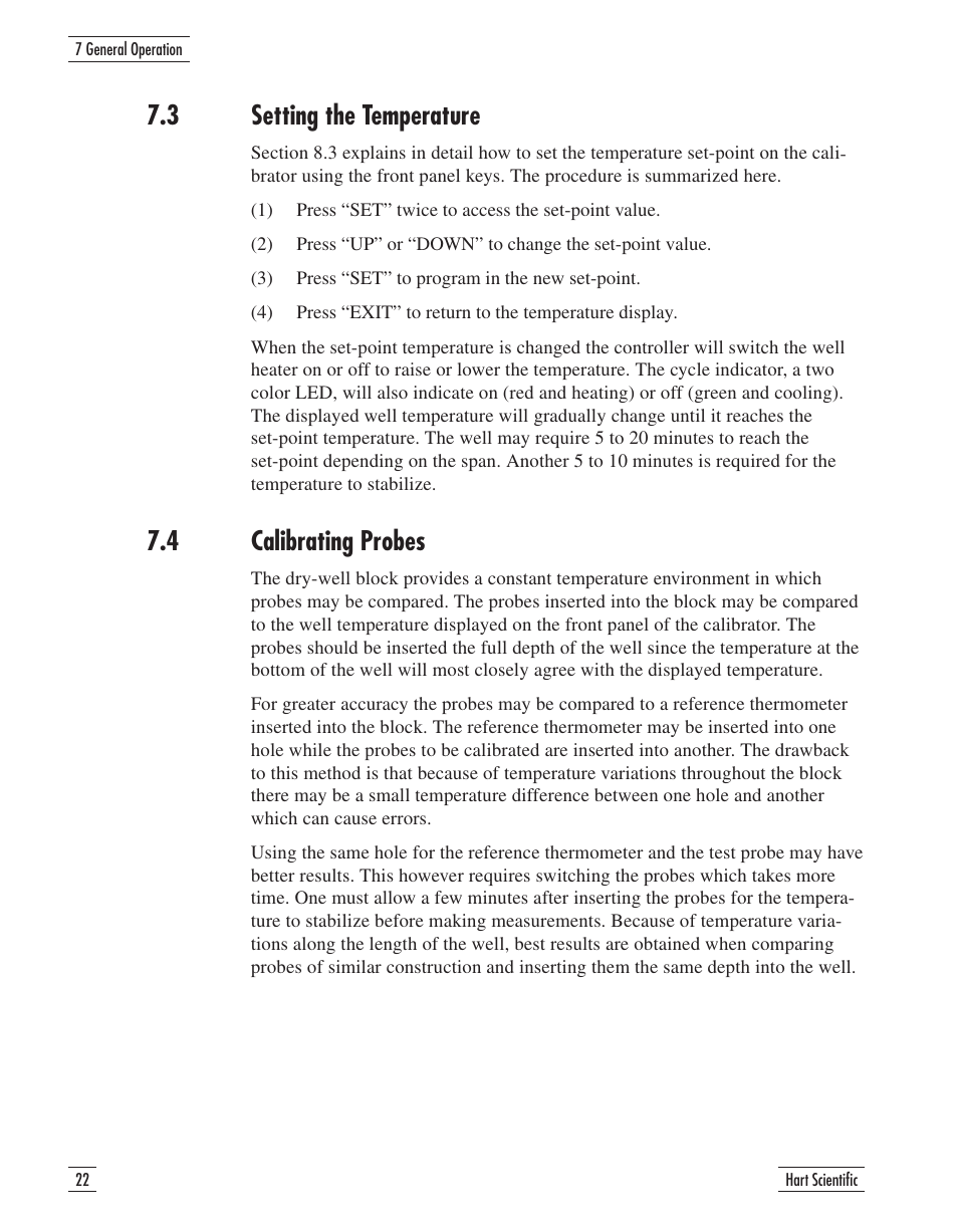 3 setting the temperature 22, 4 calibrating probes 22, Setting the temperature | Calibrating probes, 3 setting the temperature, 4 calibrating probes | Fluke 9107 User Manual | Page 27 / 65