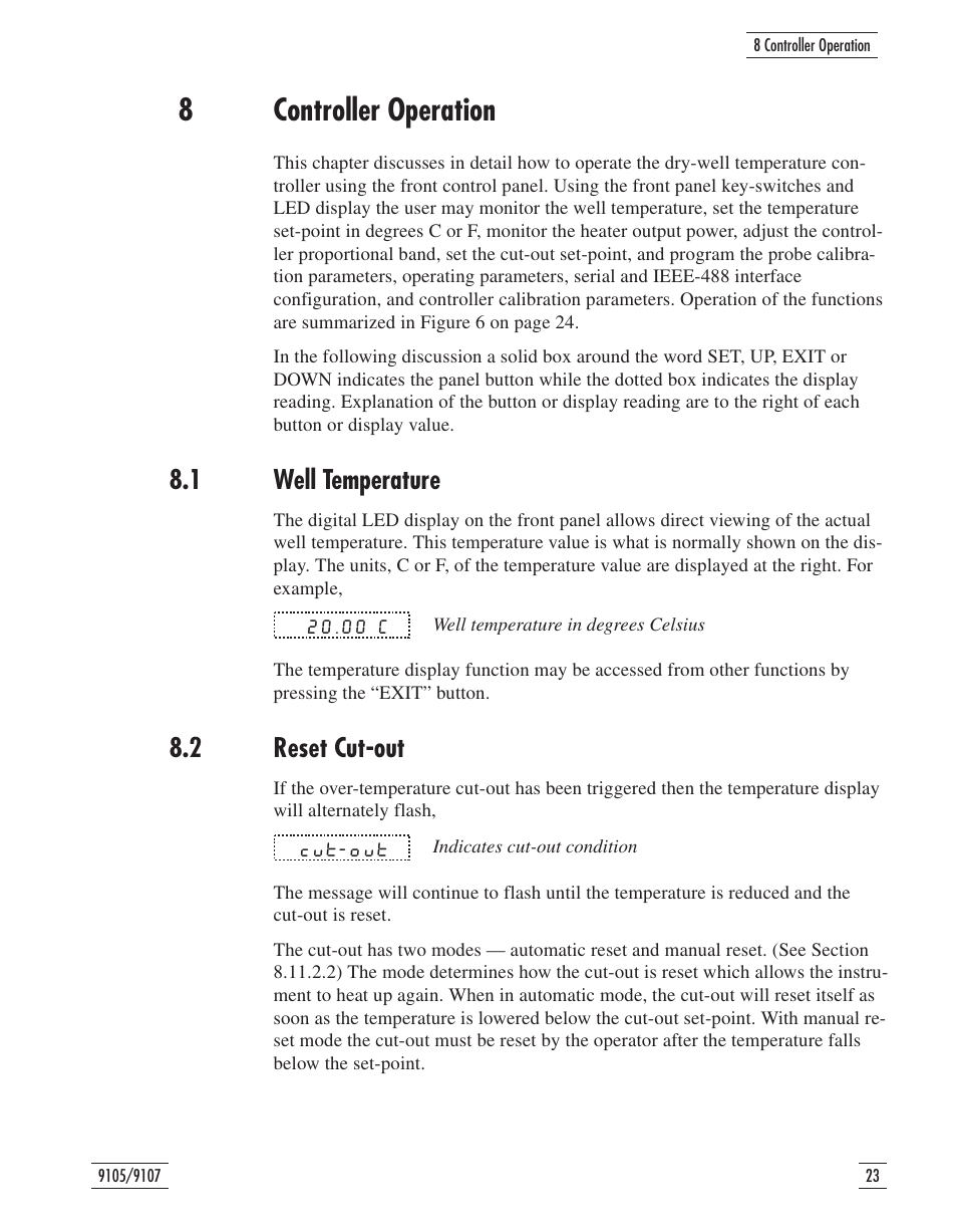 8 controller operation 23, 1 well temperature 23, 2 reset cut-out 23 | 8 controller operation, Well temperature, Reset cut-out, 8controller operation, 1 well temperature, 2 reset cut-out | Fluke 9107 User Manual | Page 28 / 65
