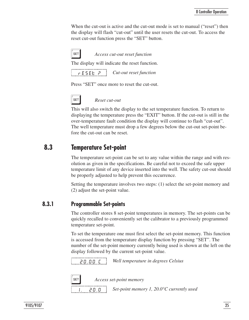 3 temperature set-point 25, 1 programmable set-points 25, Temperature set-point | 1 programmable set-points, 3 temperature set-point | Fluke 9107 User Manual | Page 30 / 65