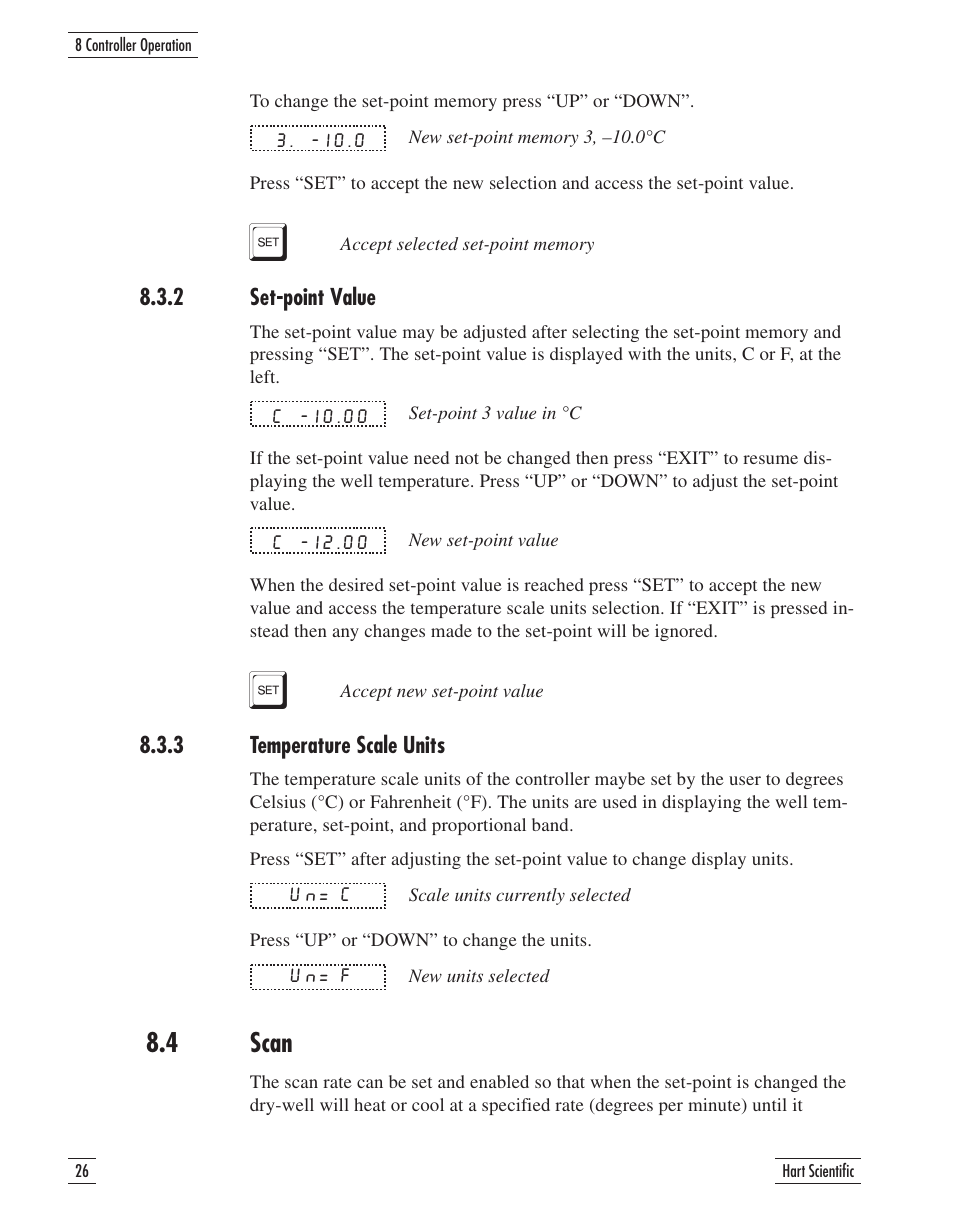 2 set-point value 26, 3 temperature scale units 26, 4 scan 26 | 2 set-point value 8.3.3 temperature scale units, Scan, 4 scan | Fluke 9107 User Manual | Page 31 / 65