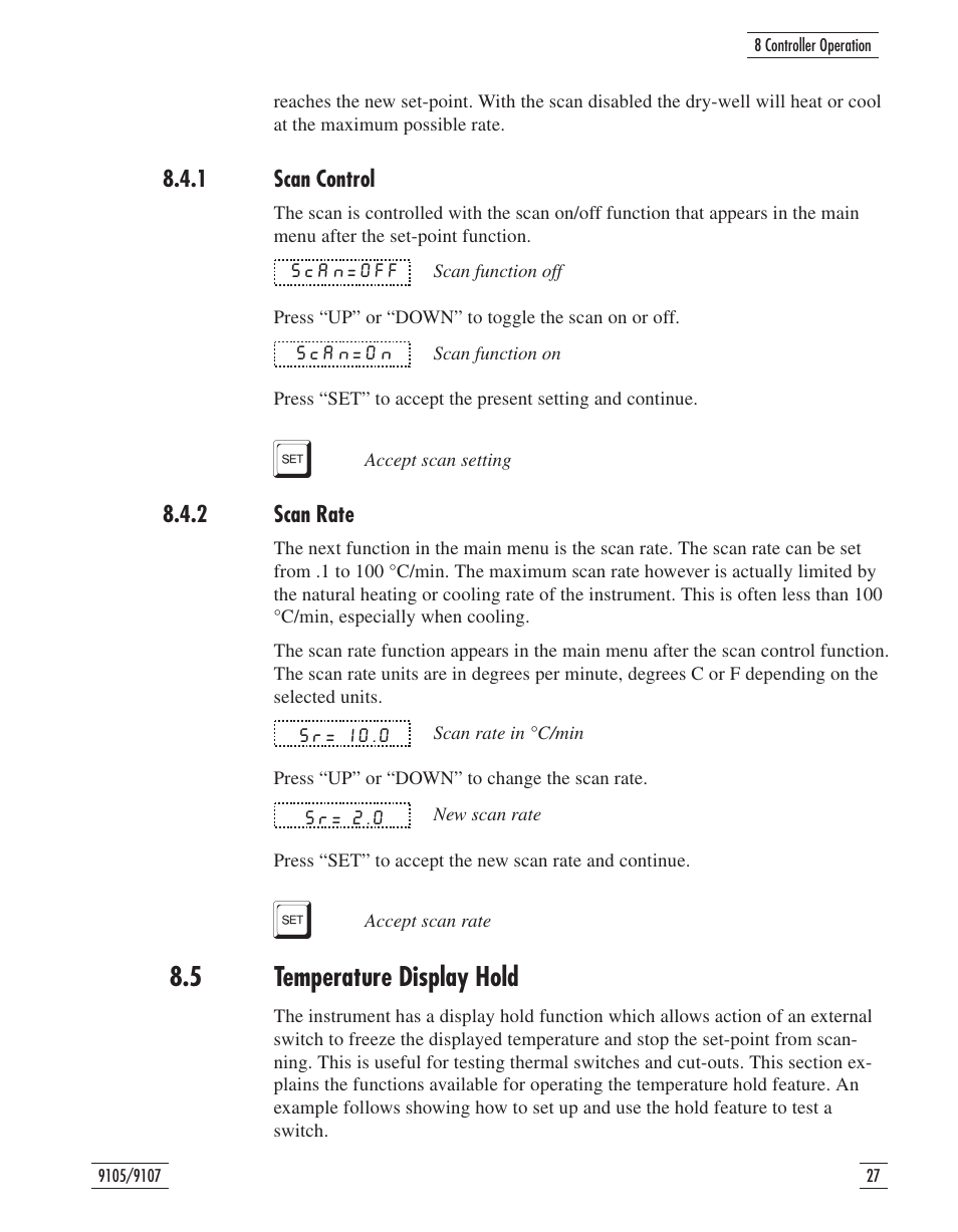 1 scan control 27, 2 scan rate 27, 5 temperature display hold 27 | 1 scan control 8.4.2 scan rate, Temperature display hold, 5 temperature display hold | Fluke 9107 User Manual | Page 32 / 65