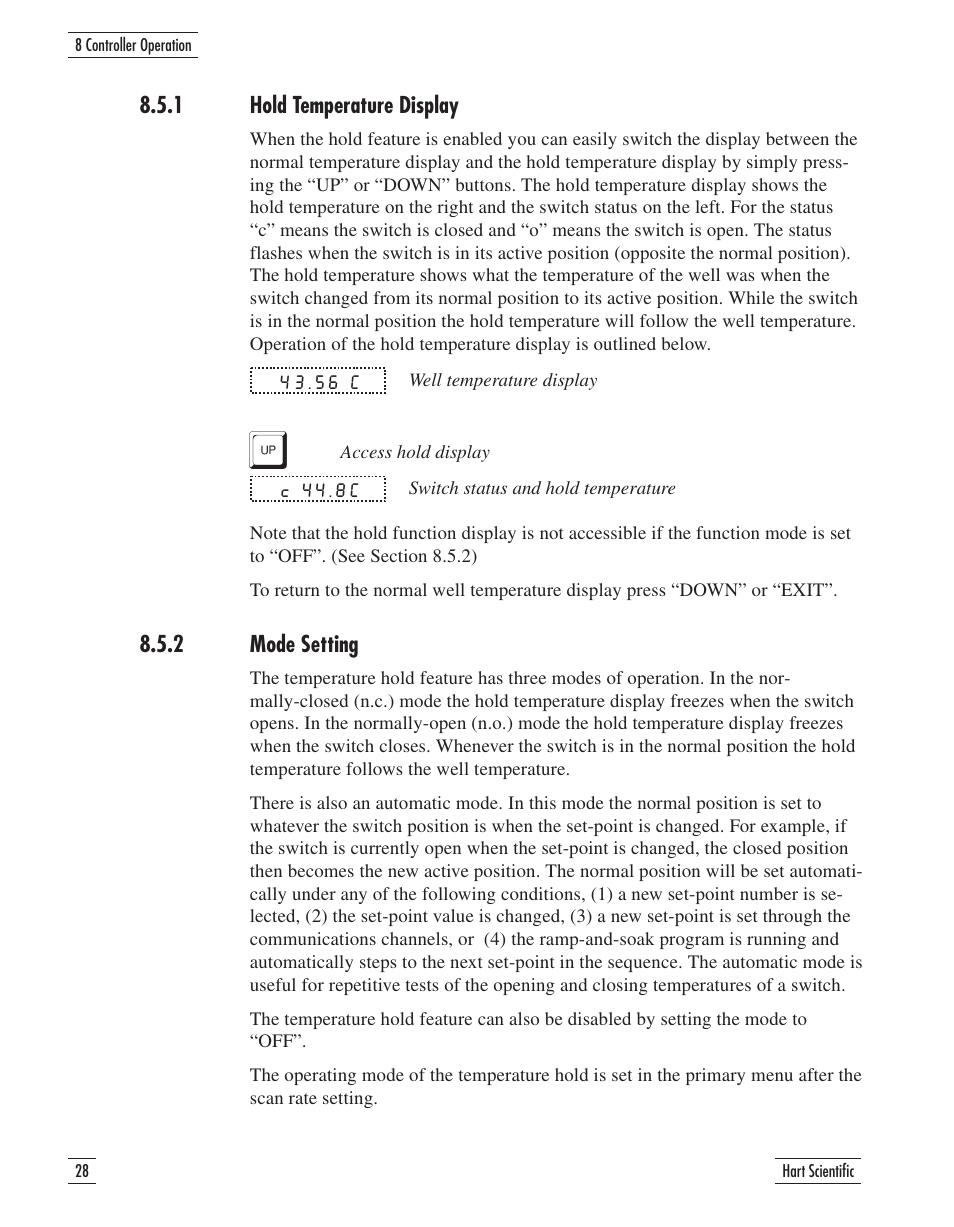 1 hold temperature display 28, 2 mode setting 28, 1 hold temperature display 8.5.2 mode setting | Fluke 9107 User Manual | Page 33 / 65