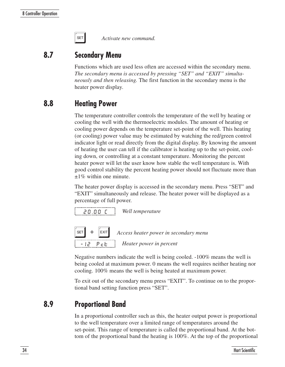 7 secondary menu 34, 8 heating power 34, 9 proportional band 34 | Secondary menu, Heating power, Proportional band | Fluke 9107 User Manual | Page 39 / 65