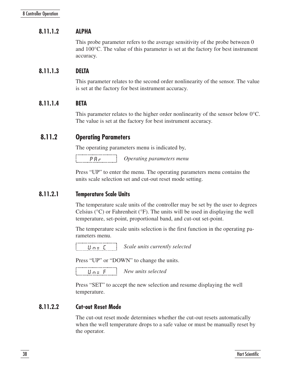 2 alpha 38, 3 delta 38, 4 beta 38 | 2 operating parameters 38, 1 temperature scale units 38, 2 cut-out reset mode 38, 2 alpha 8.11.1.3 delta 8.11.1.4 beta, 2 operating parameters | Fluke 9107 User Manual | Page 43 / 65