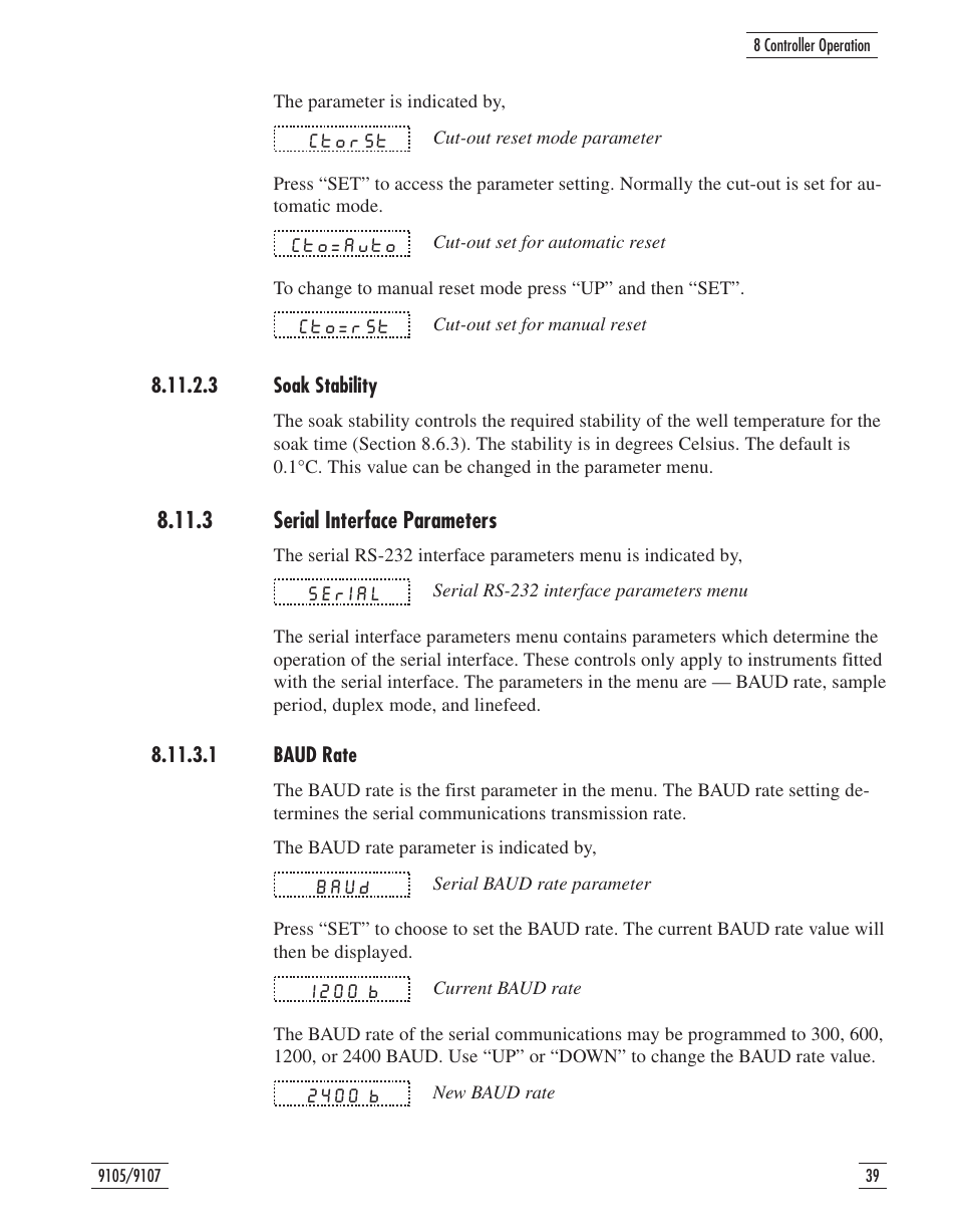 3 soak stability 39, 3 serial interface parameters 39, 1 baud rate 39 | 3 soak stability, 3 serial interface parameters, 1 baud rate | Fluke 9107 User Manual | Page 44 / 65