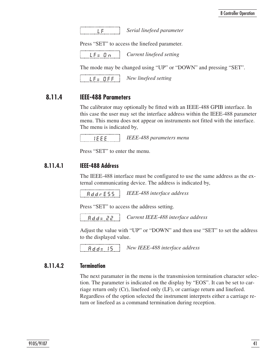 4 ieee-488 parameters 41, 1 ieee-488 address 41, 2 termination 41 | 4 ieee-488 parameters, 1 ieee-488 address 8.11.4.2 termination | Fluke 9107 User Manual | Page 46 / 65