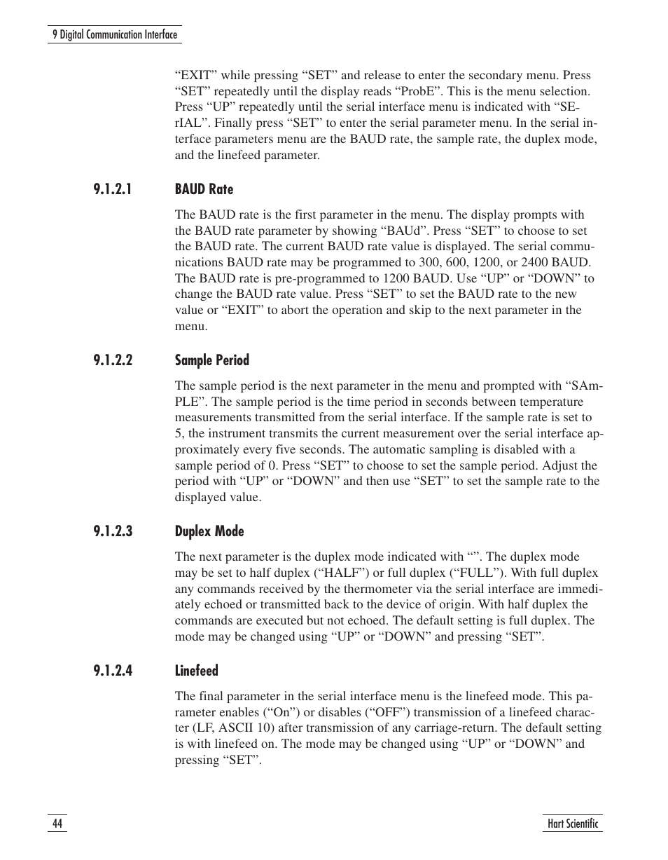1 baud rate 44, 2 sample period 44, 3 duplex mode 44 | 4 linefeed 44 | Fluke 9107 User Manual | Page 49 / 65
