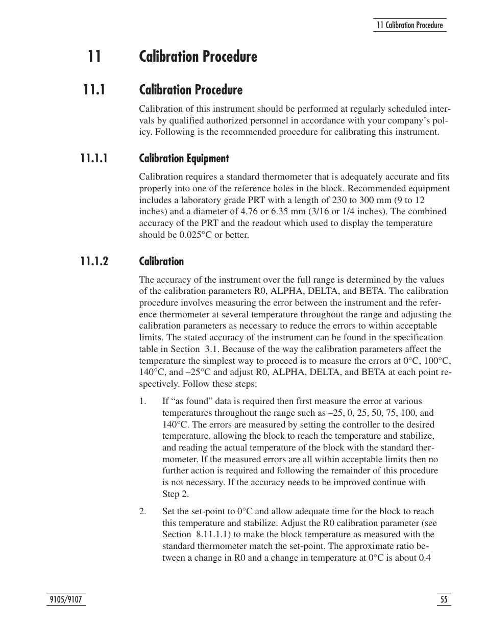11 calibration procedure 55, 1 calibration procedure 55, 1 calibration equipment 55 | 2 calibration 55, 11 calibration procedure, 1 calibration procedure, 1 calibration equipment 11.1.2 calibration | Fluke 9107 User Manual | Page 58 / 65