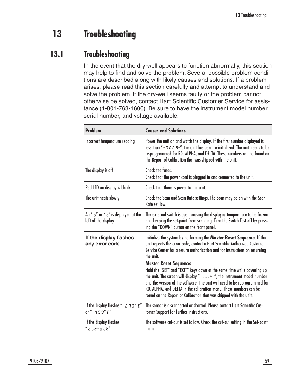 13 troubleshooting 59, 1 troubleshooting 59, 13 troubleshooting | 1 troubleshooting | Fluke 9107 User Manual | Page 62 / 65