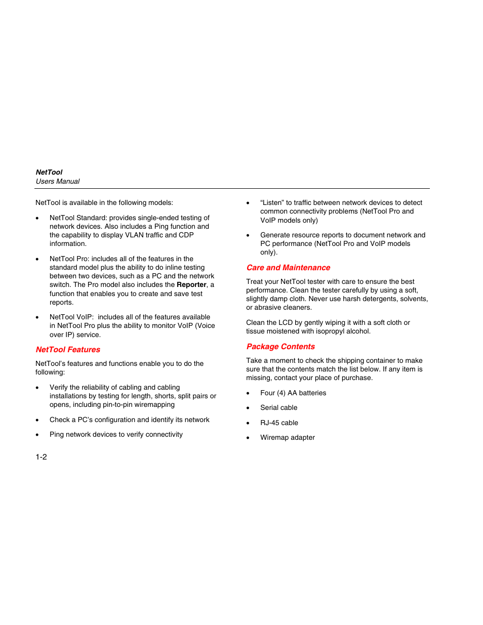 Nettool features, Care and maintenance, Package contents | Fluke Network Tester User Manual | Page 14 / 102