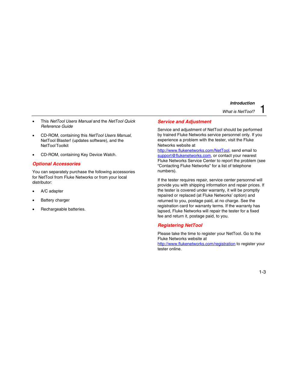 Optional accessories, Service and adjustment, Registering nettool | Fluke Network Tester User Manual | Page 15 / 102