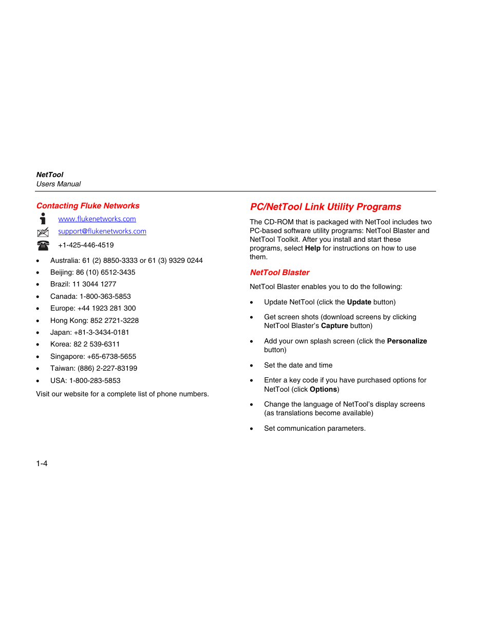 Contacting fluke networks, Pc/nettool link utility programs, Nettool blaster | Fluke Network Tester User Manual | Page 16 / 102