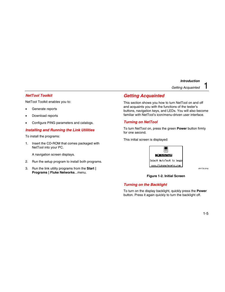 Nettool toolkit, Installing and running the link utilities, Getting acquainted | Turning on nettool, Turning on the backlight | Fluke Network Tester User Manual | Page 17 / 102