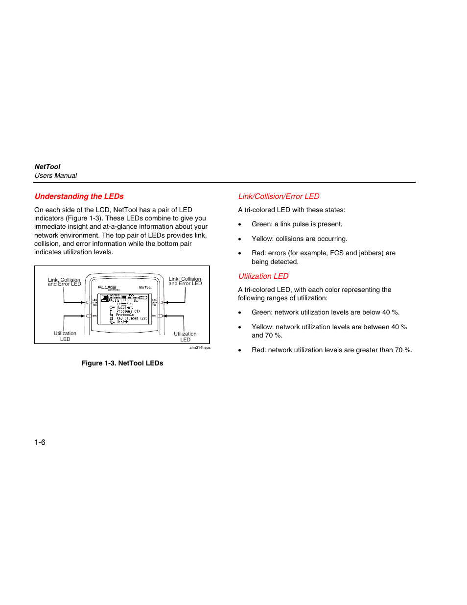 Understanding the leds, Link/collision/error led, Utilization led | Fluke Network Tester User Manual | Page 18 / 102