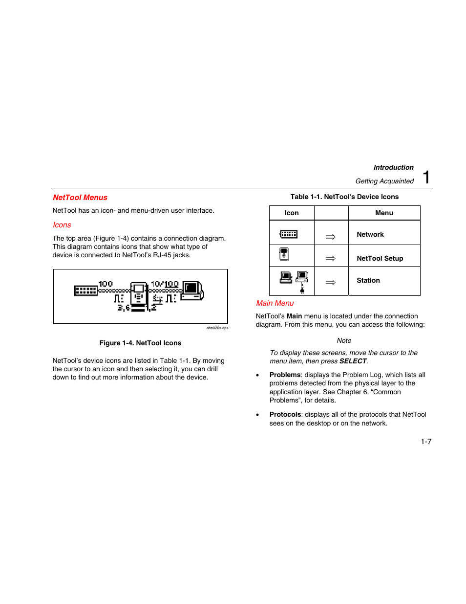 Nettool menus, Icons, Main menu | Fluke Network Tester User Manual | Page 19 / 102