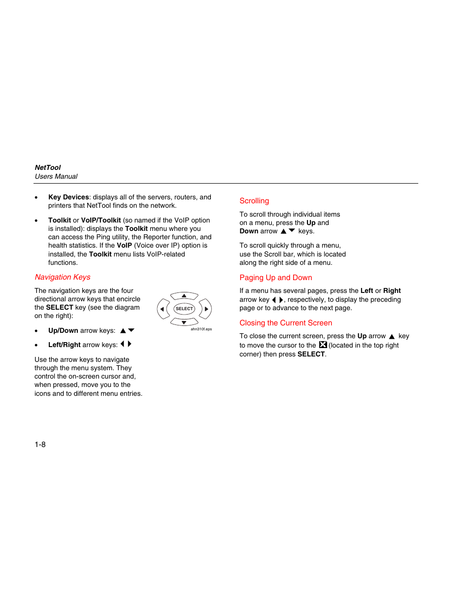 Navigation keys | Fluke Network Tester User Manual | Page 20 / 102