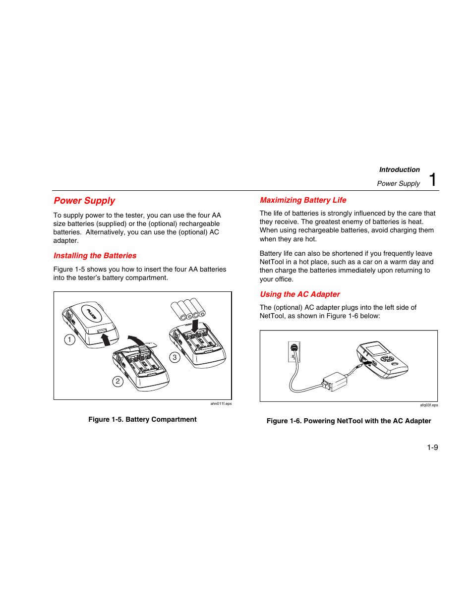 Power supply, Installing the batteries, Maximizing battery life | Using the ac adapter | Fluke Network Tester User Manual | Page 21 / 102